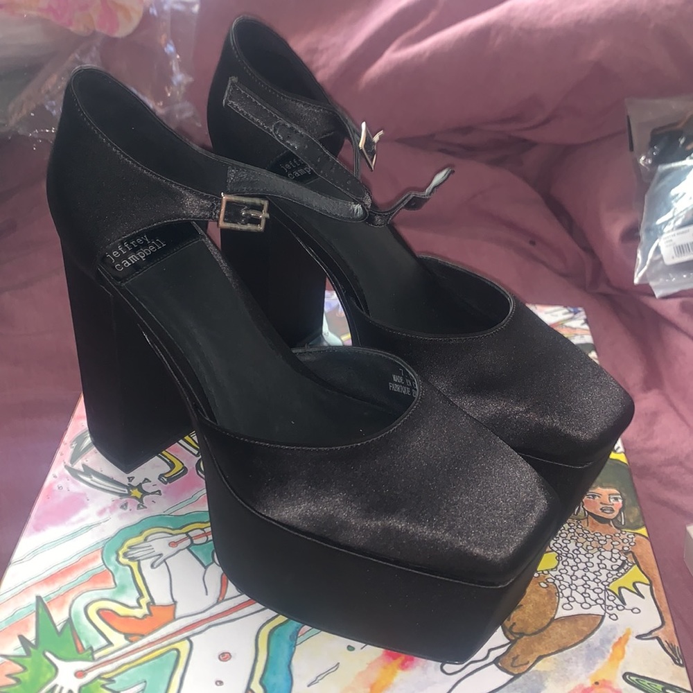 Jeffrey Campbell over n out black satin Mary Jane pump platform shoes 7.5 M HTF!
